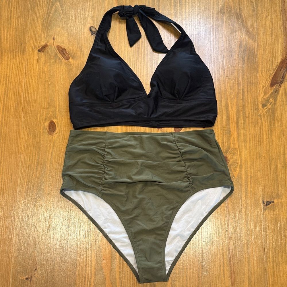 Women’s black two piece halter swimwear with black high waisted bottoms NWOT